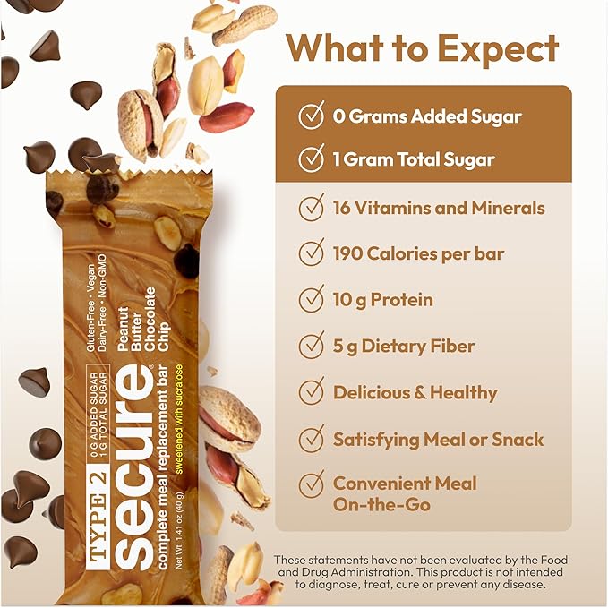 ANDREW LESSMAN Type 2 Secure Complete Meal Replacement Bars (Sucralose) – Peanut Butter Chocolate Chip – 36 ct box – 10g Protein 0g Added Sugar 16 Essential Vitamins &amp Minerals Gluten-Free Veg