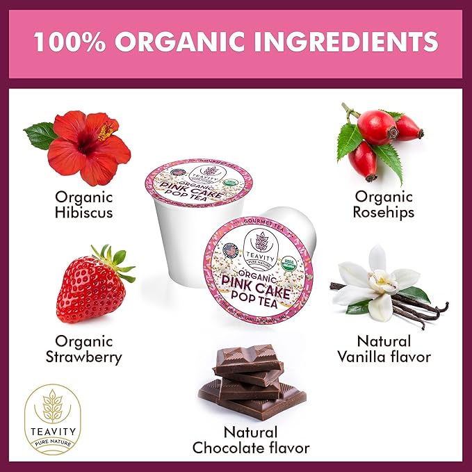 Organic Hibiscus Rosehips Strawberry and Vanilla Herbal Tea Pod for Keurig - Organic Pink Cake Pop Tea Pods by Teavity (36 Tea Pods)