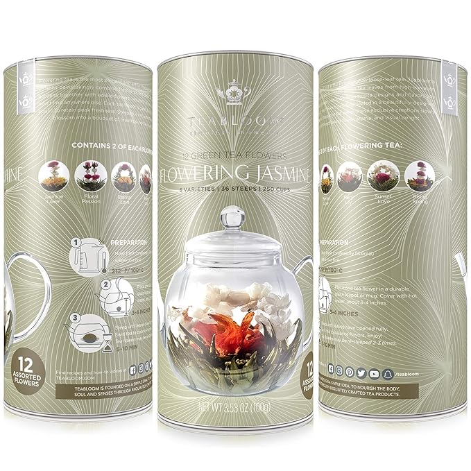 Teabloom Jasmine Flowering Tea – Hand Tied Green Tea Leaves + Jasmine Blossoms Flowering Tea Creations – Blooming Tea Gift Set – 12-Pack 36 Steeps Makes 250 Cups