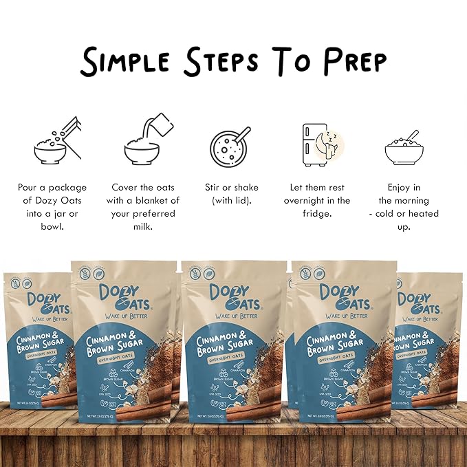 Dozy Oats Overnight Oatmeal Packets Cinnamon and Brown Sugar Multipack with Rolled Oats and Chia Seeds. Gluten-Free Natural Source of Protein and Fiber 16-Pack