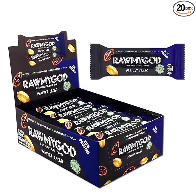 RAWMYGOD Fruit and Nut Bars Good Source of Protein (5g 20% protein content) Gluten Free Vegan No Added Sugar (20 bars Peanut &amp Cacao)