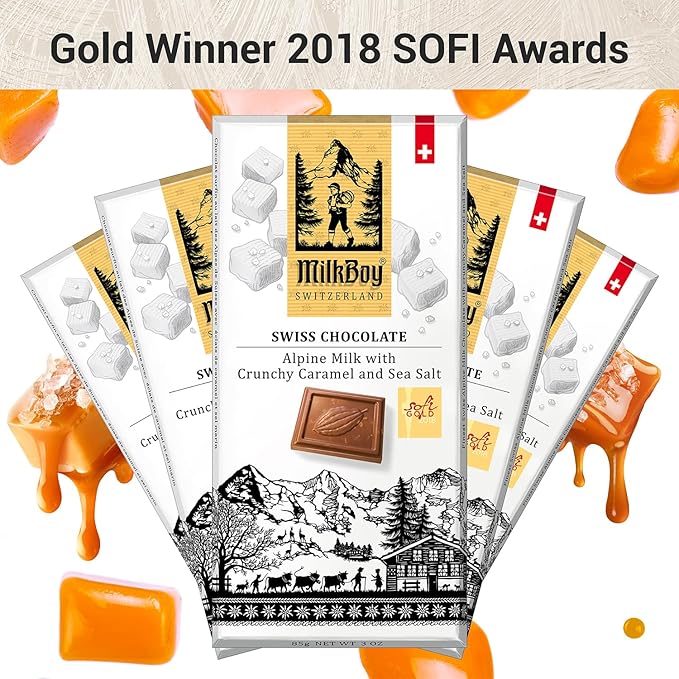 Milkboy Swiss Chocolates Milk Chocolates - Alpine Milk Chocolate Bars with Crunchy Caramel Sea Salt - Gluten-Free Non-GMO All Natural - Made in Switzerland - 3 oz Pack 10
