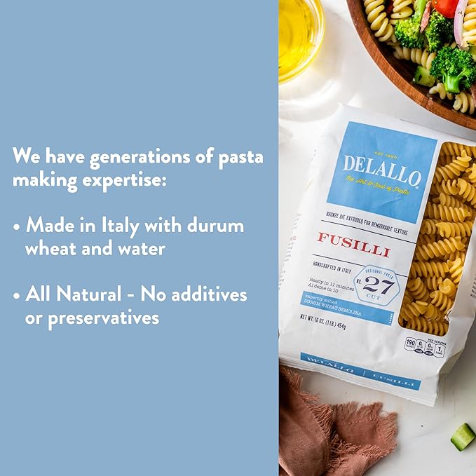 DeLallo Fusilli Pasta Twisted Shape Corkscrew Pasta Made in Italy Bronze Cut Made with Durum Only 100% Wheat Semolina Flour All Natural Non-GMO Kosher Vegan1 Pound Bag (4 Pack)