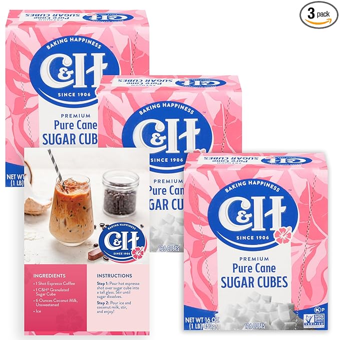 C&ampH Premium Pure Cane Sugar Cubes 1 lb Boxes (Pack of 3) - Perfect for Coffee Tea Portion Control - Includes Bonus Recipe Card