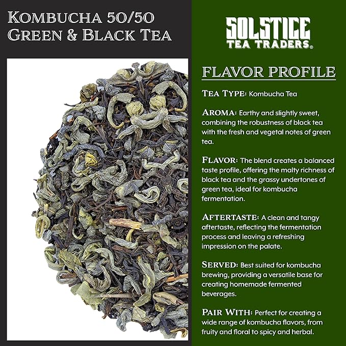 Solstice Kombucha Loose Leaf Black and Green Tea 50/50 Blend Keemun Black &amp China Young Hyson Green Tea for Brewing Kombucha (8-Oz Total)