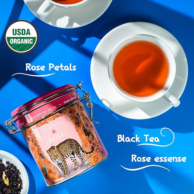 Rose Tea Bags -20 XL Pyramid Sachets- Rose Tea Organic. Tea Blends -Finest Moroccan Rose Petals and Ceylon OP Black Tea Leaves from Uva- Pantenger Organic Tea Blend. Black Rose Tea.