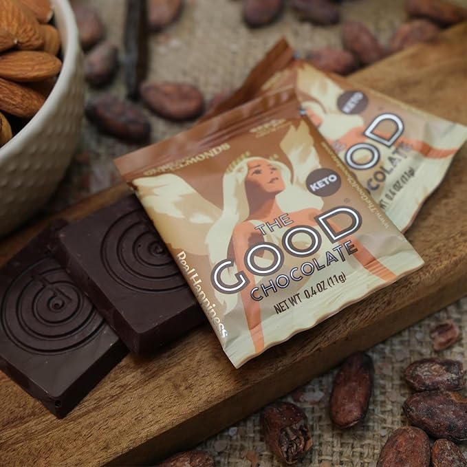 The Good Chocolate - Salted Almonds Keto Chocolate Squares Zero Sugar Lower Net Carb Snack Lower Calorie Vegan Chocolate Candy 24 Square Family Pack