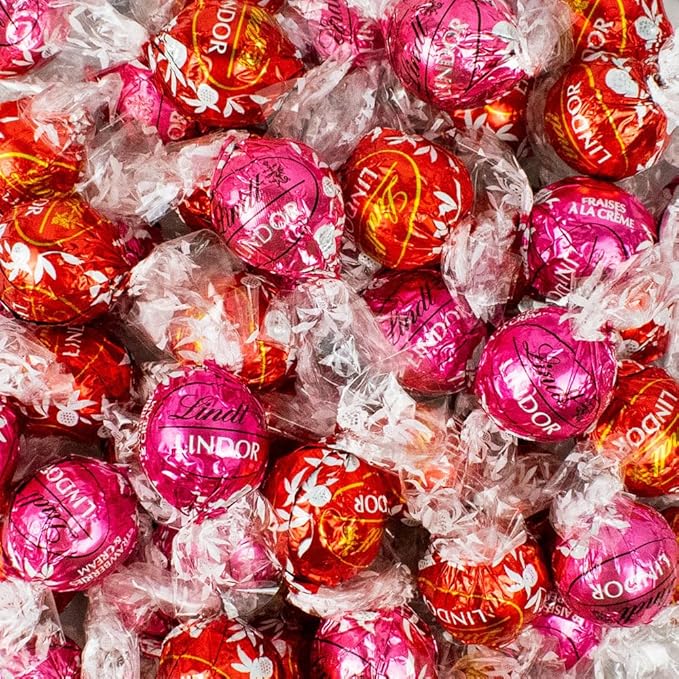 120 Pcs Valentine's Day Candy Strawberries &amp Cream &amp Milk Chocolate Truffles (3.3lbs or Approx. 120pcs) Pink &amp Red
