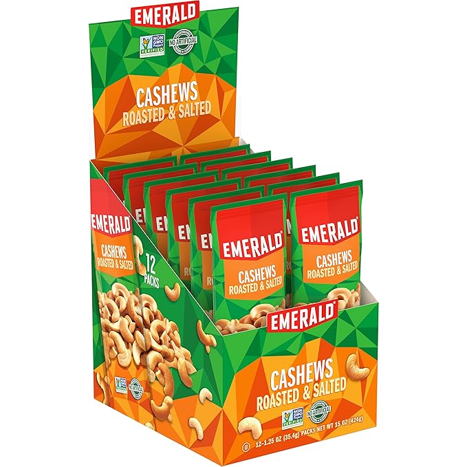 Emerald Nuts Roasted &amp Salted Cashews 12 Ct (1-Pack) 1.25 Oz Individual Snack Tubes Plant-Based Protein Kosher Certified Non-GMO Contains No Artificial Preservatives Flavors or Synthetic Col