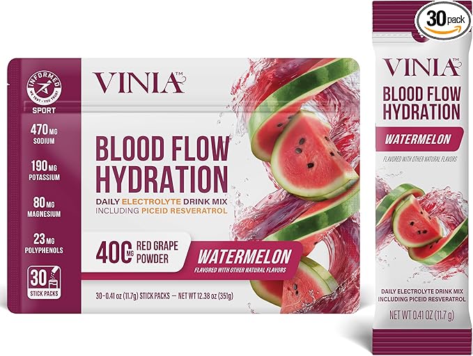 VINIA Resveratrol Electrolyte Hydration Powder Mix | Boost Blood Flow &amp Circulation | Sea Salt Coconut Water Potassium Magnesium Informed Sport Certified (30 Sticks Watermelon)