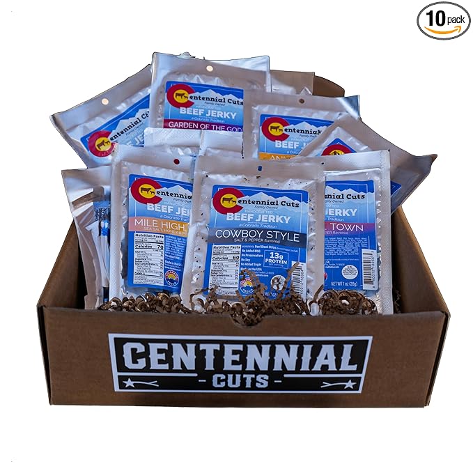 Centennial Cuts Beef Jerky Sampler Gift Box – 10 Flavor Variety Pack 10 x 1 oz Individual Packs High Protein Snack