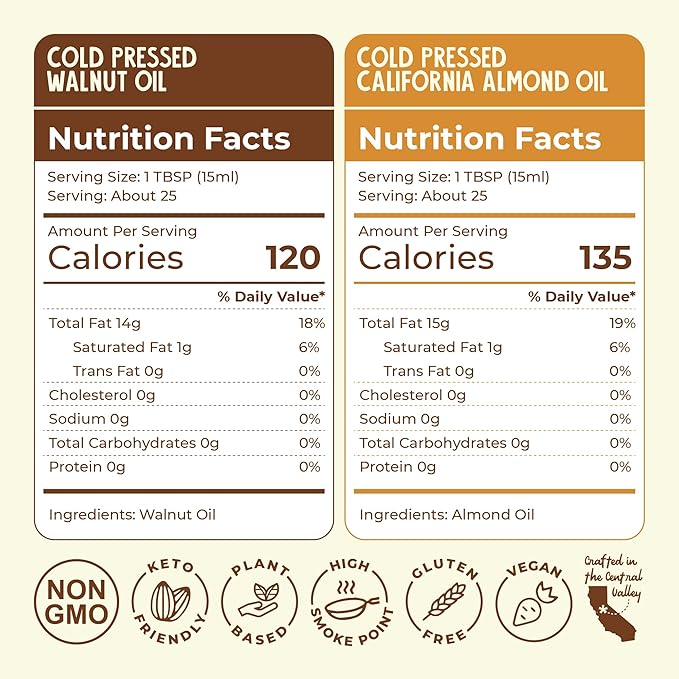 Fresh Vintage Farms Nut Bundle 100% Undiluted Cold Pressed Almond &amp Walnut Cooking Oils | Wholesome &amp Nutritious Healthy Cooking Oils for Cooking Baking Dipping &amp Salads | 12.68 Fl oz