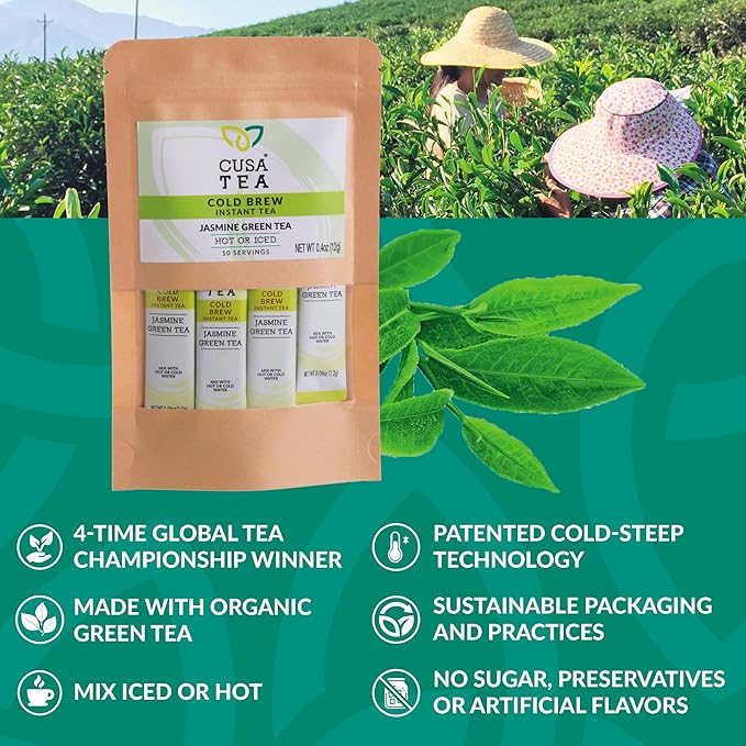 Cusa Tea &amp Coffee | Premium Instant Jasmine Green Tea With Real Fruit &amp Spices | Organic Leaves Drink Mix Packets | Hot or Iced Tea (10 Single Servings)