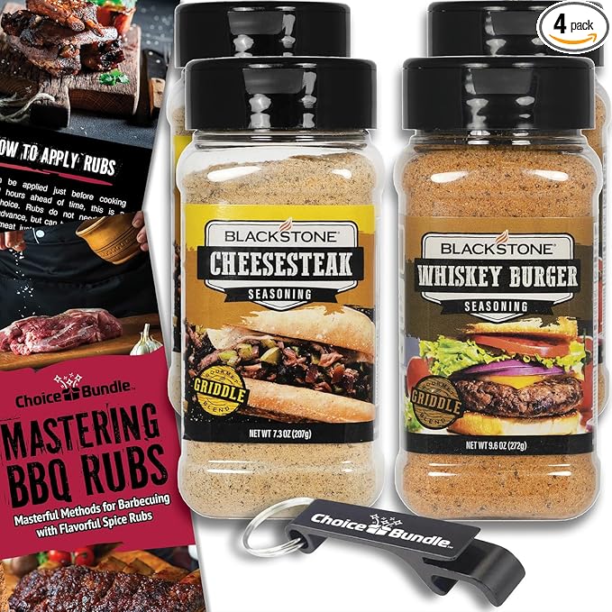 Blackstone Cheesesteak &amp Whiskey Burger Seasoning – Gourmet Griddle Premium BBQ Barbecue Rub 4 Pk Choice Bundle (33.8 oz) + BBQ Guide &amp Bottle Opener (6 Items)!