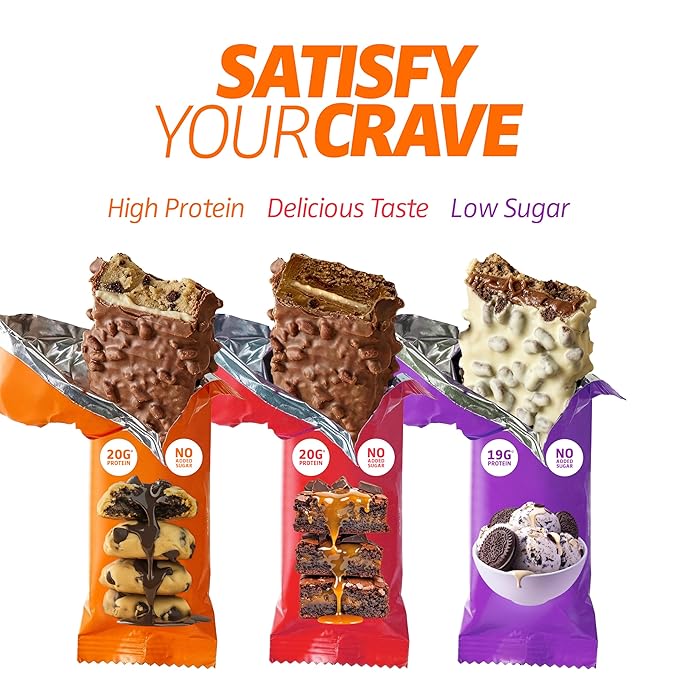 Satisfy Your Crave Protein Bars– High Protein Delicious Snacks– 20g of Protein No Added Sugar– Chocolate Caramel Crisp– Perfect for Breakfast On-the-Go Snack Pantry Staple &amp Office Treat– Non-G