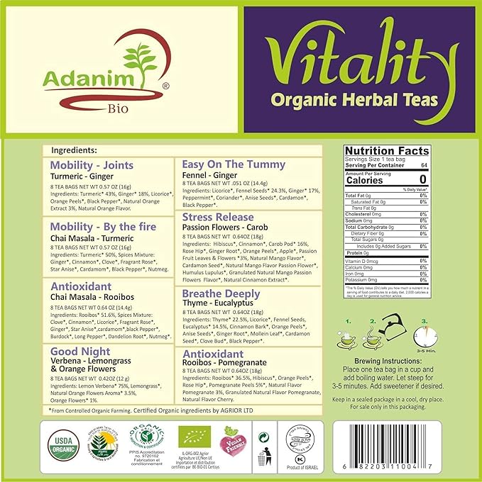Adanim Bio Vitality Organic Herbal Tea Sampler Gift Box Caffeine Free 8 Unique Flavors for Tea Lovers 64 Individually Wrapped Tea Bags Variety Pack Tea Set