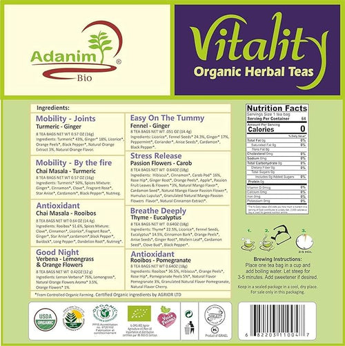 Adanim Bio Vitality Organic Herbal Tea Sampler Gift Box Caffeine Free 8 Unique Flavors for Tea Lovers 64 Individually Wrapped Tea Bags Variety Pack Tea Set
