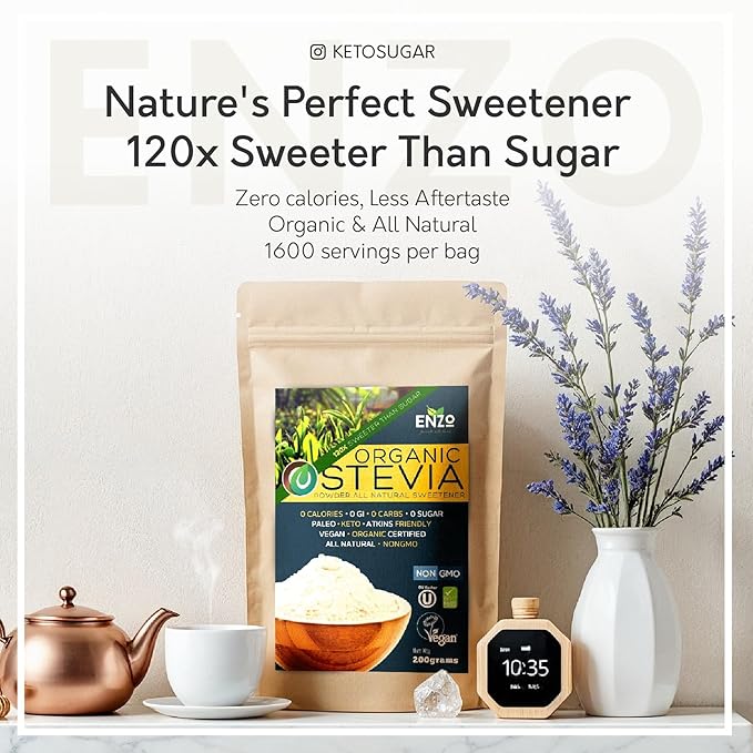Enzo Easy Use Organic Stevia Powder 200g (7.05oz / 1600 Servings) All Natural Alternative Sweetener 12 x Sweeter than Processed Sugar with No Artificial Additives &amp Fillers
