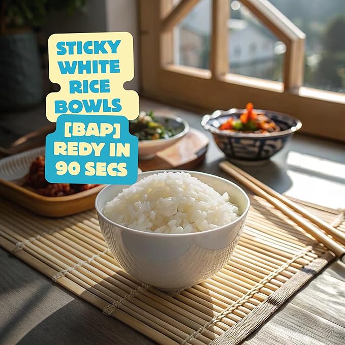 Premium Instant Rice | Sticky Sushi Rice | 0 Trans Fat/ 0 Cholesterol/ 0 Sodium | Ready in 90 Secs | Gluten-Free | Healthy Sticky White Rice Bowls (Bap) – [WHITE Rice |12 Pack] | Long Shelf Life - O'F