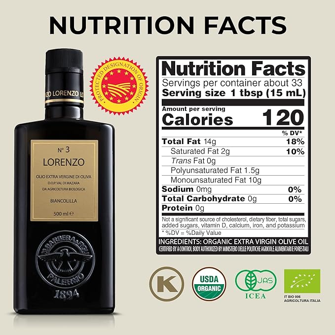 Barbera Lorenzo N° 3 Organic Extra Virgin Olive Oil PDO Val di Mazara Fruity Cold Extracted Authentic Sicilian Olive Oil Fresh Harvest Imported Olive Oil From Italy 16.9 oz