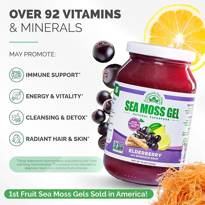 Wildcrafted Irish Sea Moss Gel | Made in USA | Rich in Vitamins &amp Minerals | Sea Moss Gel Raw | Nutritional Supplement | Elderberry (16 oz)