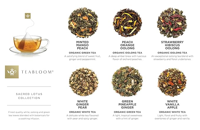 Teabloom Organic Sacred Lotus Pyramid Tea Presentation Box 12 Assorted USDA Certified Organic Whole-Leaf Pyramid Tea Sachets Green Tea Oolong tea White tea