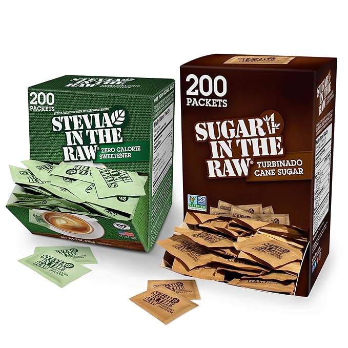 In the Raw Sugar and Stevia Sweetener Bundle – 200 Turbinado Packets + 200 Stevia Packets (2 Piece Set)