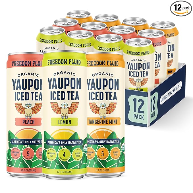 Freedom Fluid Yaupon Iced Tea – Refreshing &amp Slightly Sweet Organic Yaupon Tea – Variety 12 Pack (12 oz cans) – Antioxidant Rich Natural Caffeine Low Calorie Low Sugar Herbal Tea Drink