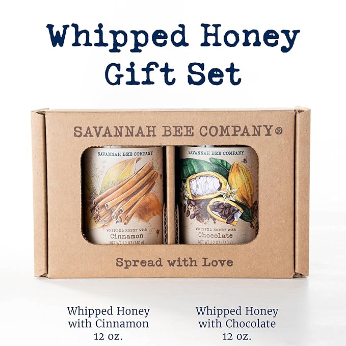 Whipped Honey Gift Set by Savannah Bee - Creamy Smooth Spreadable and absolutely Delicious - 100% Natural and Pure Honey - 12 Oz (Cinnamon and Chocolate)