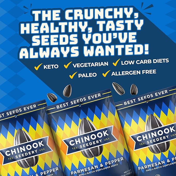 Chinook Seedery Sunflower Seeds to Eat — Jumbo Flavored Roasted Low Sodium Snacks — Keto Friendly Gluten-Free Non-GMO — Parmesan &amp Pepper Flavor 4 oz (12-Pack)
