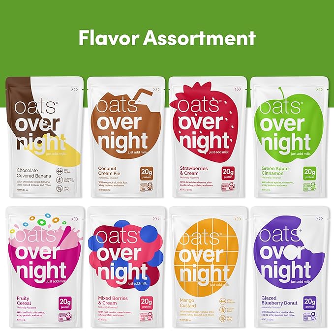 Oats Overnight Fruit Variety Pack - High Protein High Fiber Breakfast Protein Shake - Gluten Free Oatmeal Non GMO High Protein Oatmeal - Fruity Cereal Chocolate Covered Banana &amp More (24 Pack)