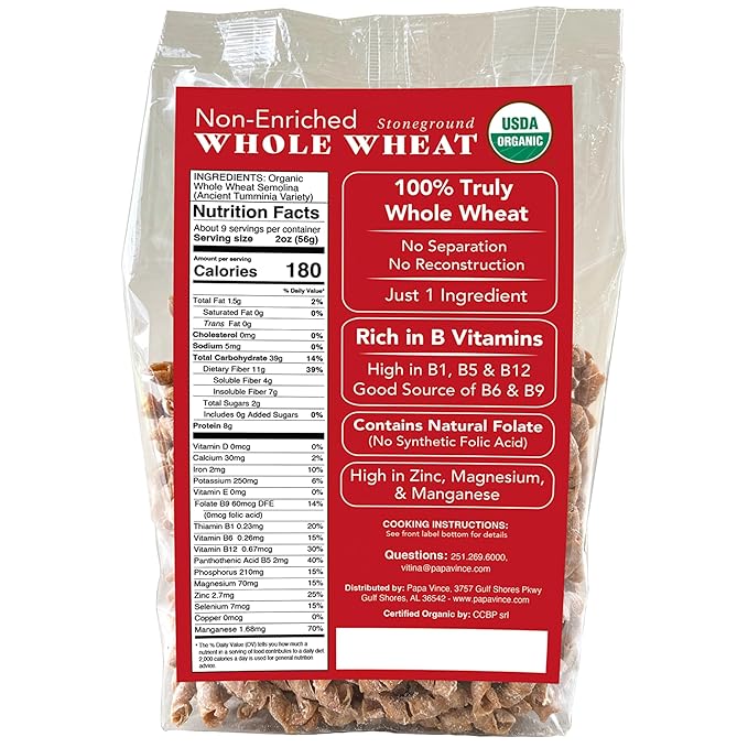 Papa Vince Organic Italian Pasta - Imported Whole Wheat Heirloom Grain from Italy: Non-Enriched Bronze Die-Cut High Fiber Slow Carb Slow-Dried Artisan Busiate Pasta Made in Italy