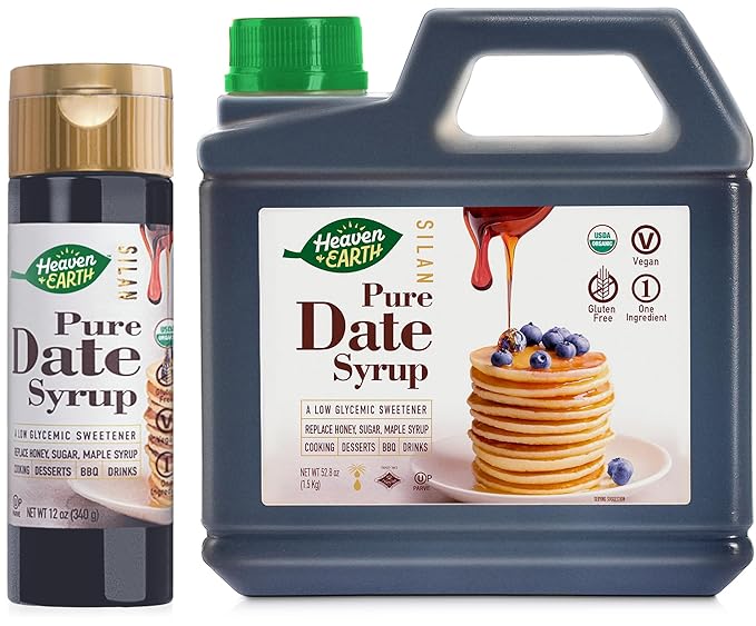 Heaven &amp Earth 100% Organic Date Syrup Silan (12oz bottle + 3.3 lb 52.8oz Refill) | 1 Ingredient | All Natural Honey Alternative | Low Glycemic Index | Great Sugar Replacement | Organic Date Hon