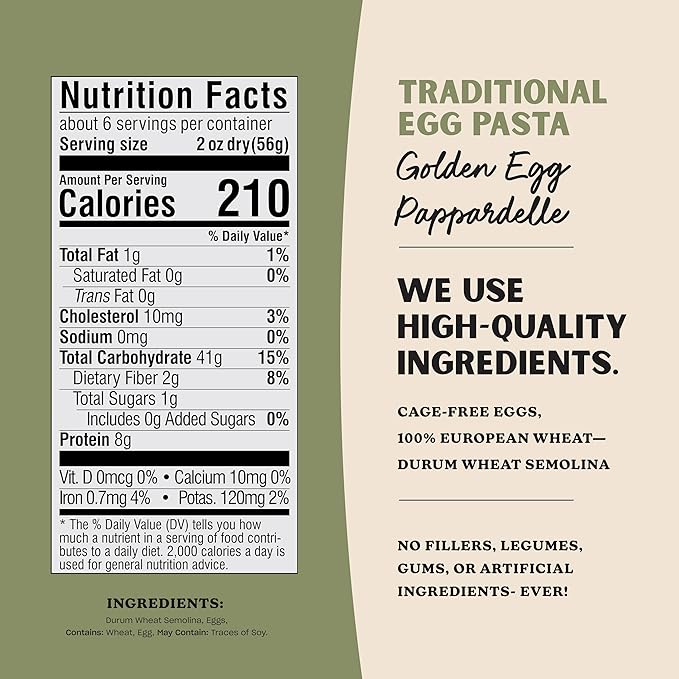 Al Dente Golden Egg Pappardelle – All-Natural Hand-Crafted Egg Pasta. Traditional Pasta Noodles Made with Cage-Free Eggs and Semolina. Great for Pastas Soups Stews. 12oz Bags (Pack of 6)