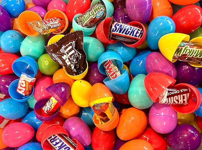 Candy Filled Plastic Easter Eggs Multicolor Hinged Eggs with Premium Chocolate Candy Easter Egg Hunt Party Supplies (25 Ct)