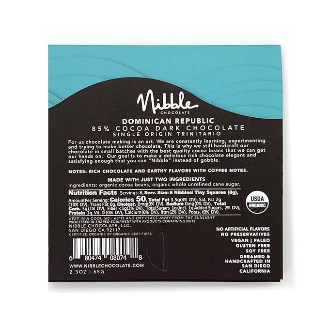 Nibble Chocolate Dominican Republic 85% | 3 Pack | Certified Organic | Gluten &amp Soy Free | 2 Ingredients