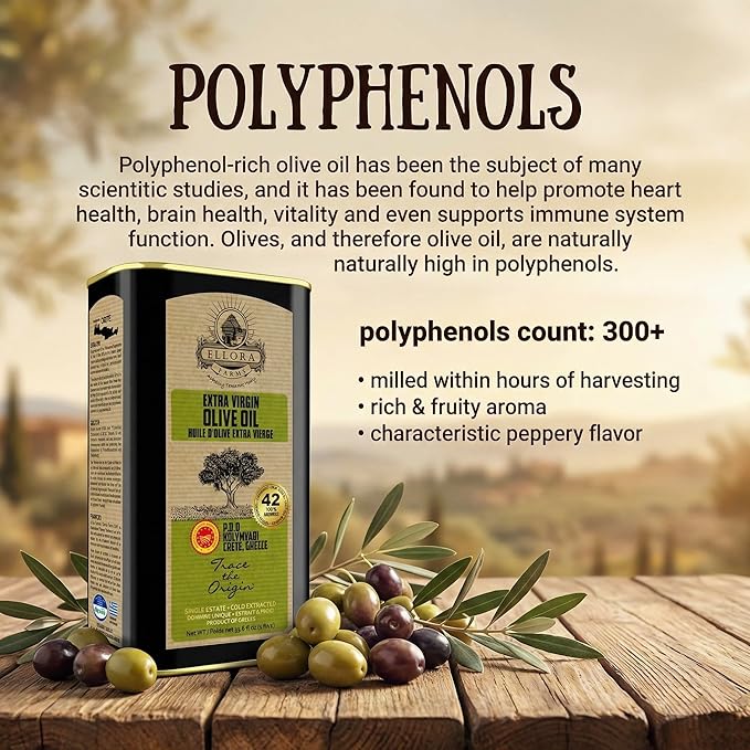 Ellora Farms Olive Oil Extra Virgin Traceable &amp Certified PDO Polyphenol Rich Extra Virgin Olive Oil Cold Pressed Global Gold Awards Kosher Single Origin from Crete Greece 33.8 Fl oz Pack of