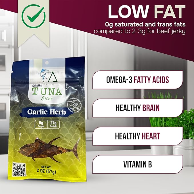 GOANA Tuna Jerky Bites Garlic Herb High Protein Fish Snack Wild Caught Ahi Tuna Keto Paleo Low Carb Sugar Free Gluten Free Low Sodium 2 oz (2 Pack)