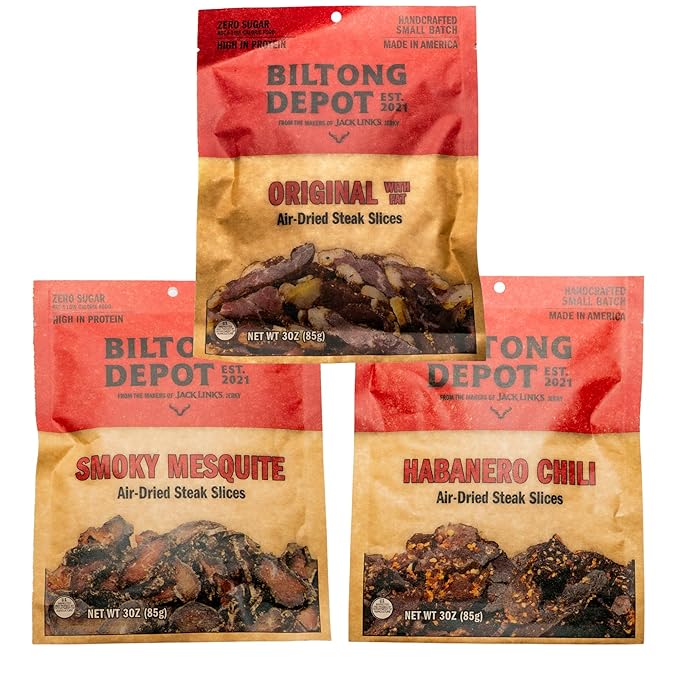 Biltong Depot Variety Pack – Smoky Mesquite Habanero Chili &amp Original with Fat | Biltong Slices | 3oz Bags (3 Pack) | Air-Dried Beef Jerky Snack | High Protein | Keto &amp Paleo Friendly | Zero