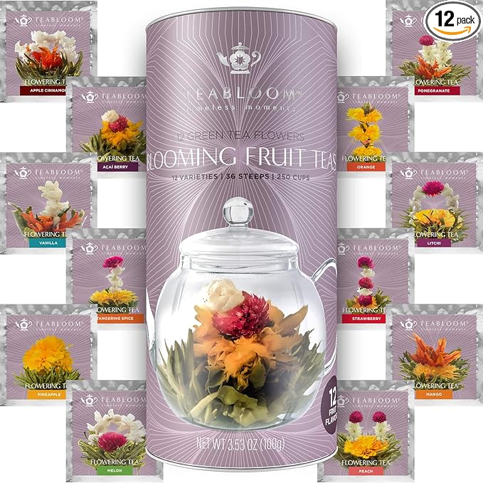 Teabloom Fruit Blooming Teas – 12 Unique Flower Varieties of Tea in 12 Delicious Fruit Flavors – Each Flowering Tea Ball Steeps Up to 3 Times
