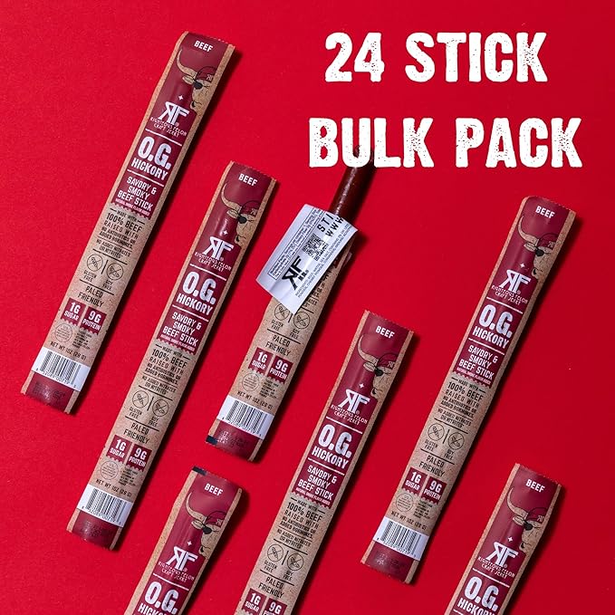 Righteous Felon Meat Sticks | 100% Grass Fed Beef | 9g Protein per Stick | Keto Gluten-Free Low Sugar High Protein Snack Sticks | Individually Wrapped | OG Hickory Beef Sticks 24 Count