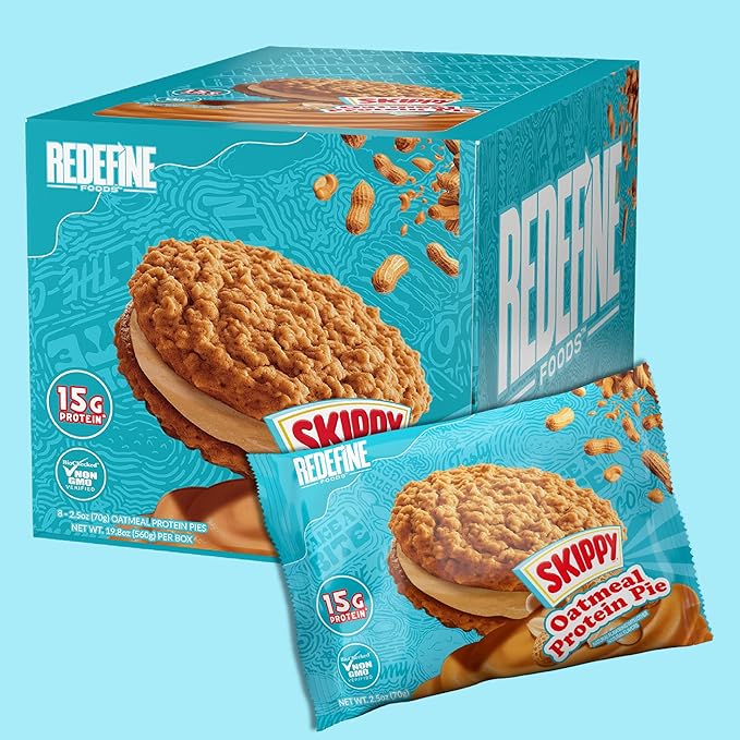 Redefine Foods Oatmeal Protein Pie SKIPPY Peanut Butter - 8 Count - 15g of Protein Per Serving - Non-GMO