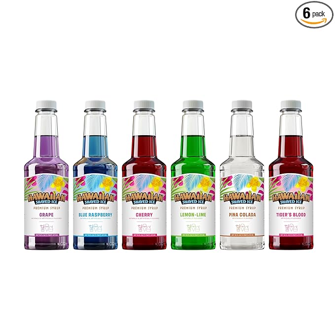 Hawaiian Shaved Ice Syrup Assortment 6 Popular 16oz Flavors: Cherry Grape Blue Raspberry Tiger's Blood Lemon-Lime Pina Colada