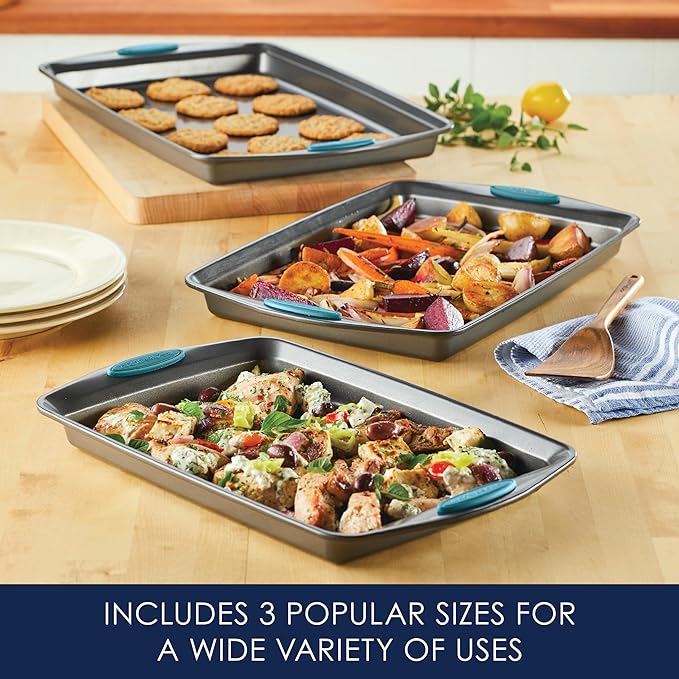 Rachael Ray Bakeware Nonstick Cookie Pan Set 3-Piece Gray with Agave Blue Grips
