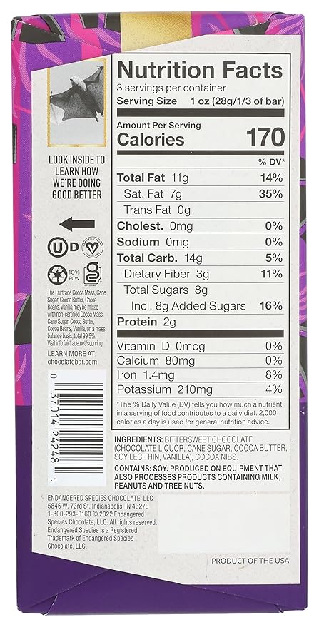 Endangered Species Cacao Nibs 72% Cocoa Dark Chocolate Bar Fair Trade Vegan Friendly Kosher Gluten Free &amp Non-GMO 3 Ounce (Pack of 12)