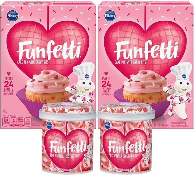 Funfetti Mother's Day Bundle 2 of each: Cake &amp Cupcake Mix with Candy Bits 15.25 oz and Pink Vanilla Frosting with Sprinkles 15.6 oz