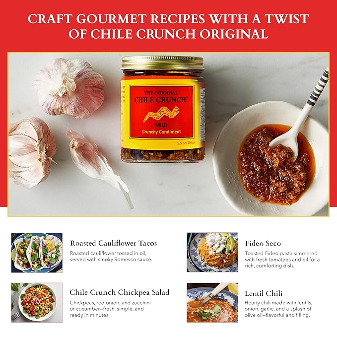 CHILE CRUNCH - Mild Spicy Crunchy Condiment - All Natural Roasted Chili Peppers Garlic &amp Onion Crisp Sauce - Vegan Gluten-Free No Preservatives - Homemade Authentic Mexican Recipe 5.5oz (3 Pack