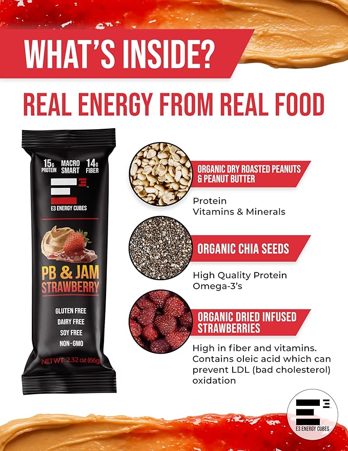 E3 Energy Cubes- PB &amp Jam Strawberry Refrigerated Protein Bars | Gluten Free Dairy Free Soy Free Healthy Non-GMO Macro Smart Prebiotic Fiber | Healthy Snack Bars | Made in USA Pack of 12