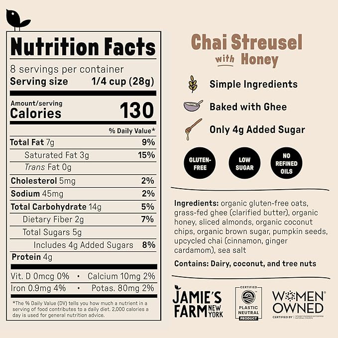 Jamie's Farm New York Chai Streusel Granola w/Honey (3 pcs) - Gluten Free Organic Cereal Low Sugar | Baked w/Grass-fed Ghee Clarified Butter Chai Mix Gluten Free Snack - 8oz/pcs