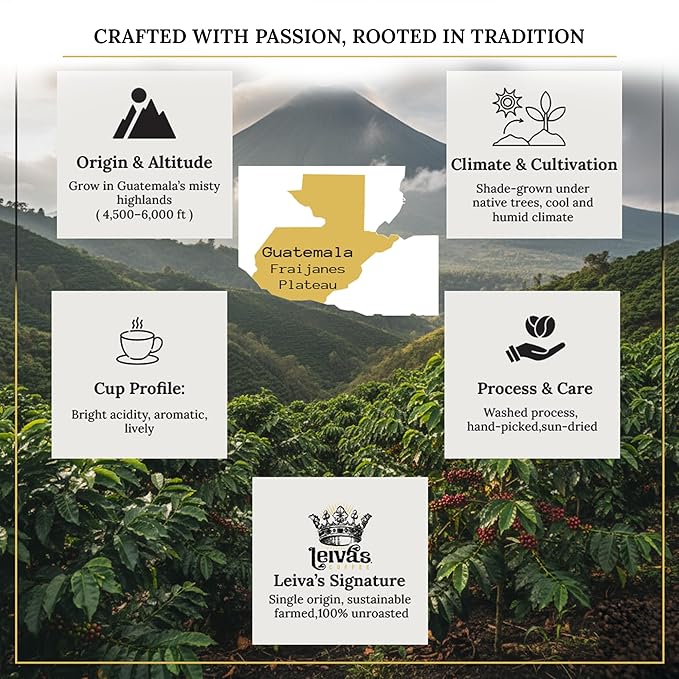 Leiva’s Unroasted Green Coffee Beans (1kg) – Fraijanes Plateau Single Origin Coffee w/Aromatic Notes – Washed Shade Grown Organic Guatemala Beans – Bright Acid Whole Bean Unroasted Blend